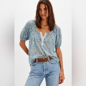 NWT Free People Size XS Astra Peasant Top Floral Lace Puff Sleeve Button Front